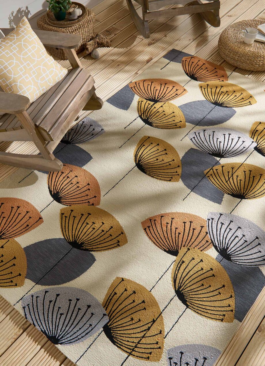 Sanderson Dandelion Clocks Ochre Silver 445803 interior C outdoor